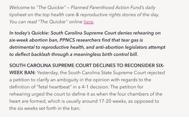 Planned Parenthood Action Fund website 8/30/2023. Planned Parenthood loses legal challenge to South Carolina’s ‘fetal heartbeat’ definition image
