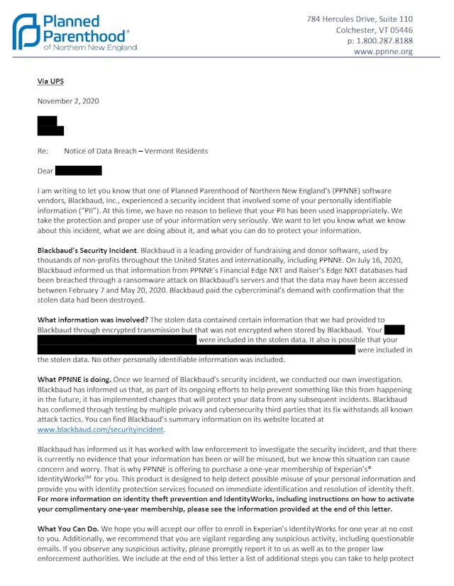 Planned Parenthood letter security breach of vendor Blackbaud Image: Planned Parenthood letter security breach of vendor Blackbaud