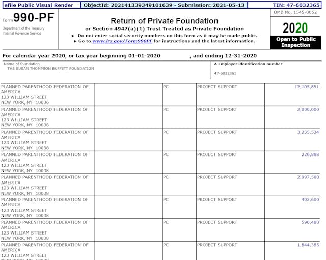 Buffett Foundation millions to Planned Parenthood 2020 990 Buffett Foundation millions to Planned Parenthood 2020 990