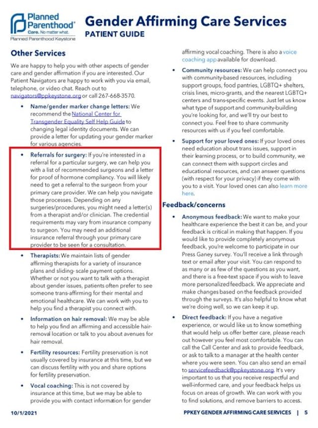 Planned Parenthood will refer for transgender surgeries Planned Parenthood will refer for transgender surgeries