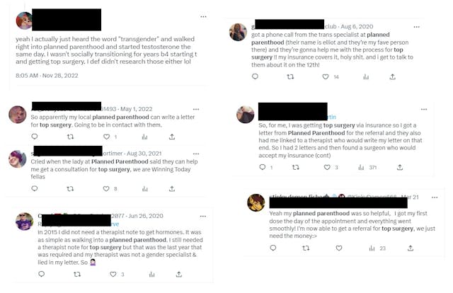 Tweets claim Planned Parenthood refers for ‘top surgery’ and offers hormone injections Image: Tweets claim Planned Parenthood refers top surgery and offers hormones for so-called gender affirming care