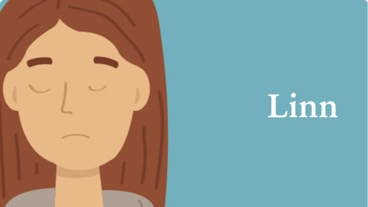 A cartoon woman frowning on a blue background