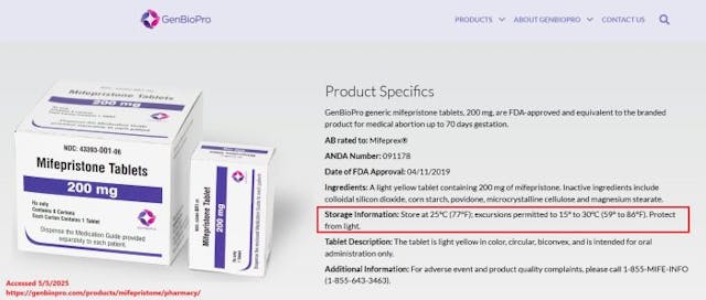 Abortion pill storage temps and protect from light on GenBioPro website