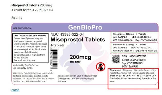 Misoprostol storage temps per GenBioPro