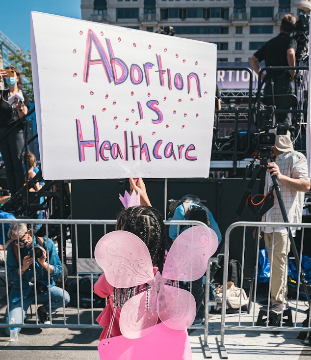 A little girl with pink butterfly wings holding a protest sign outside in front of cameras