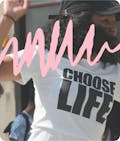 A woman wearing a white choose life tshirt