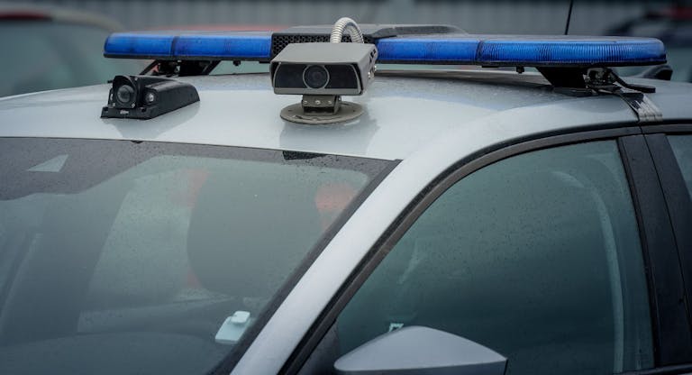 Police car roof camera for video recording and proof of traffic violations, speeding, passing traffic light at red , driving in wrong lane, etc. Big brother is watching..