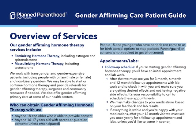 Screenshot Planned Parenthood Mar Monte Gender Affirming Care Resource Guide. New report: Planned Parenthood advertises birth control to minors as ‘gender-affirming care’ image