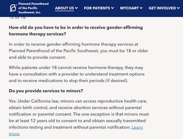 Screenshot Planned Parenthood Pacific Southwest FAQ page. New report: Planned Parenthood advertises birth control to minors as ‘gender-affirming care’ image