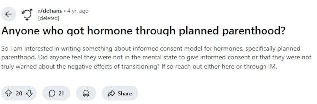 Source: ‘Ruined’: Reddit users regret how easily they got hormones from Planned Parenthood image
