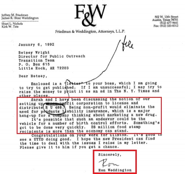 Image: Ron Weddington letter about RU486 abortion pill to President Clinton cover page (Image: Judicial Watch)