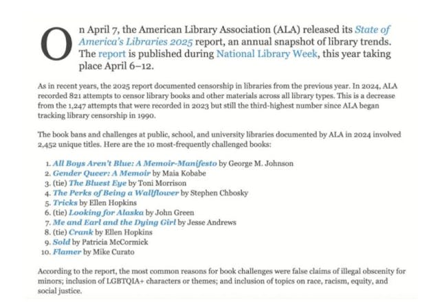 Source: ALA https://americanlibrariesmagazine.org/blogs/the-scoop/ala-releases-state-of-americas-libraries-2025-report/ How a Planned Parenthood coalition fights to keep sexually graphic books in schools image