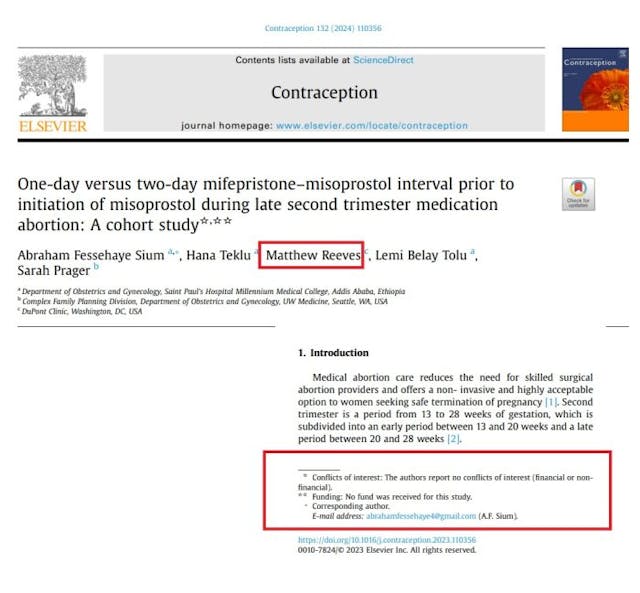Matthew Reeves which gets consulting fees from GenBioPro failed to note conflicts in abortion pill study