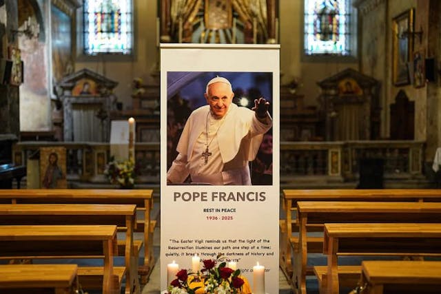 ISTANBUL, TURKIYE – APRIL 21: Catholics in Istanbul gather at Church of St. Mary Draperis to commemorate Pope Francis following his death, in Istanbul, Turkiye on April 21, 2025. Pope Francis died at age 88 after suffering a prolonged illness, the Vatican announced on Monday. (Photo by Hakan Akgun/Anadolu via Getty Images) Pope Francis, who advocated for the protection of all human beings, has died at 88 image