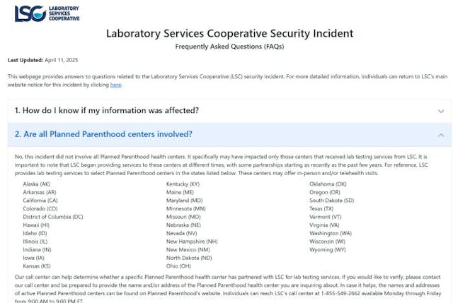 Planned Parenthood lab Laboratory Services Cooperative data privacy breach 2025 involves multiple facilities Planned Parenthood lab Laboratory Services Cooperative data privacy breach 2025 involves multiple facilities