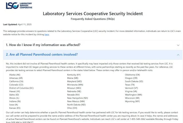 Planned Parenthood lab Laboratory Services Cooperative data privacy breach 2025 involves multiple facilities
