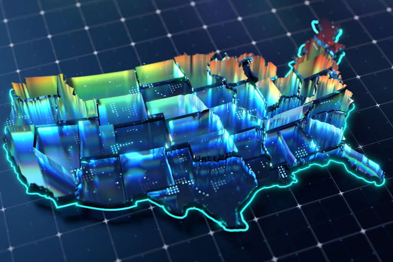 Abstract 3D Map of the United States with Digital Elements
