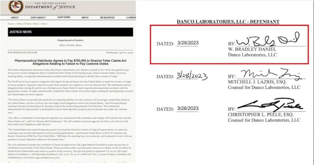 Danco False Claim Act settlement signed by W Bradley Daniel Image: Danco False Claim Act settlement signed by W Bradley Daniel