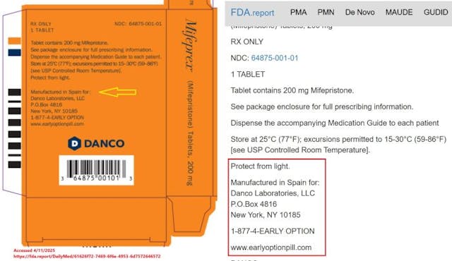 Danco Packaging shows abortion pill country of origin is Spain March 2025
