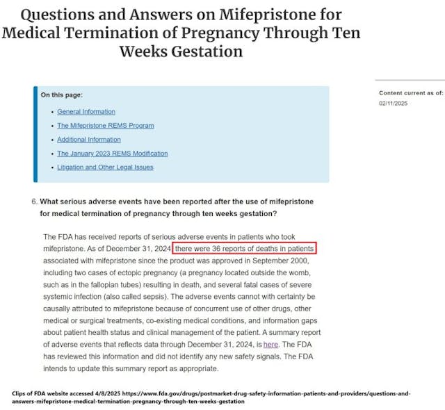 FDA reported 36 deaths assoc. with mifepristone the abortion pill 2000-2024