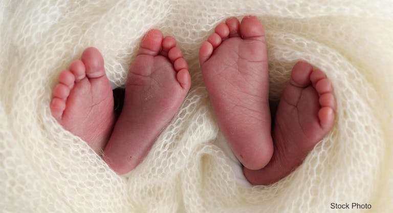 Legs, toes, feet and heels of newborn twins. Wrapped in a knitted white blanket. Studio macro photography of the legs of newborn twins, close-up white backgraund. Two newborns.