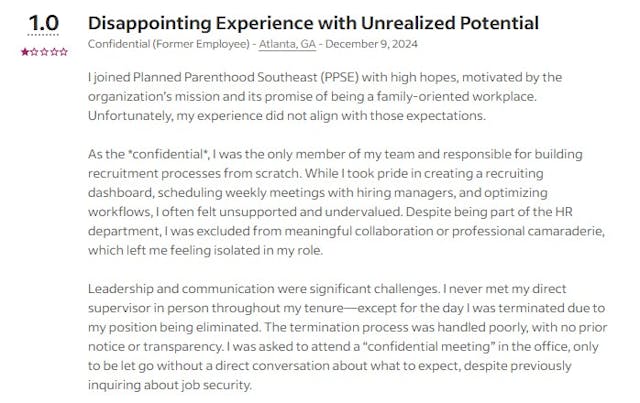 Planned Parenthood employee shocked to find corporation isn’t ‘family-oriented’ image