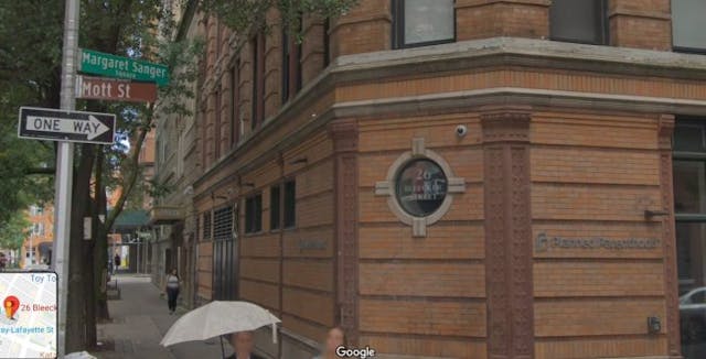 Planned Parenthood Margaret Sanger Center New York 26 Bleecker St (Image: Google Street view 2019) Image: Planned Parenthood Margaret Sanger Center New York 26 Bleecker St (Image: Google Street view 2019)