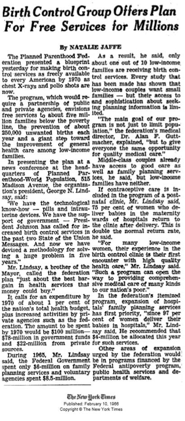 NYT Birth Control Group Offers Plan For Free Services to Millions, 2/10/1966 birth control