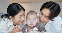 Dad, mom, baby, prone, smile, family