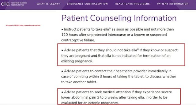 Ella website warns not to take dug if pregnant