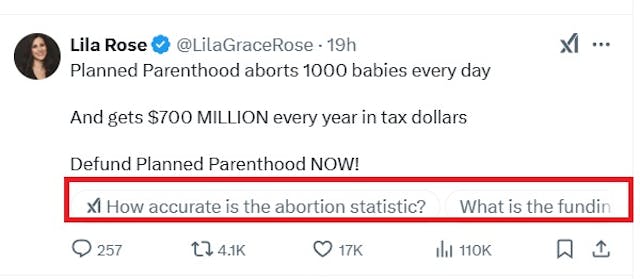 Lila Rose’s Planned Parenthood Tweet and Grok’s response Lila Rose exposes Planned Parenthood Tweet and Grok's response