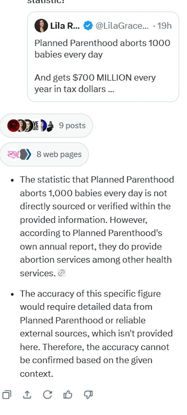 Grok’s changed response to Lila Rose’s Tweet on Planned Parenthood Grok changed response to Lila Rose Tweet on Planned Parenthood