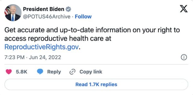 Biden tweet about ReproductiveRights.gov website Biden-era HHS website promoting abortion has been terminated image