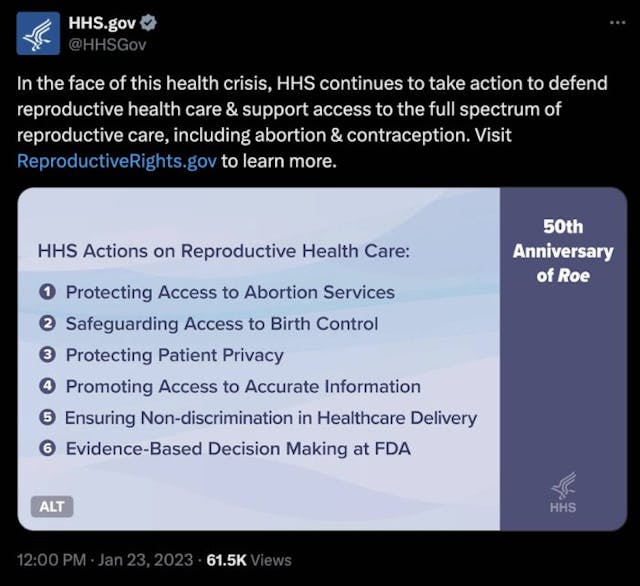 Screenshot HHS tweet, 50th anniversary of Roe v. Wade Biden-era HHS website promoting abortion has been terminated image