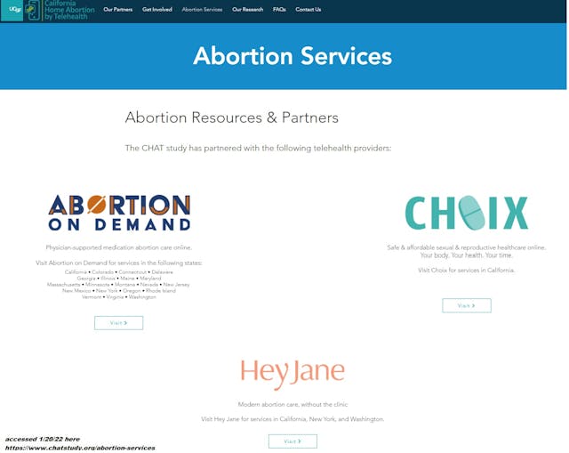 Image: UCSF partners with virtual abortion pill websites AOF Choix and Hey Jane for CHAT study