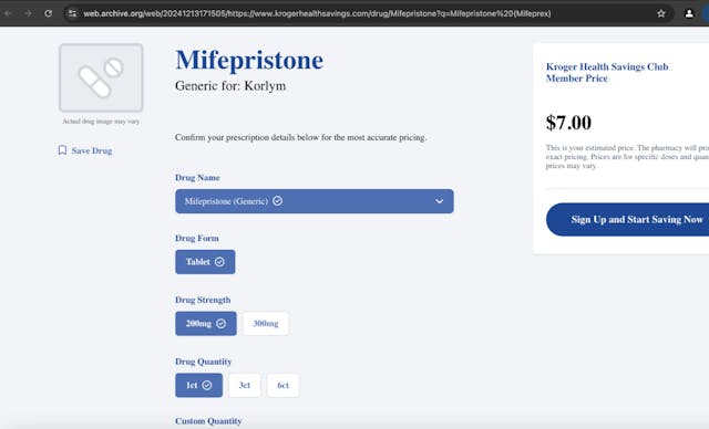 Web archive link (12/18/24) showing Mifepristone 200 mg as it was listed on Kroger Health website before removal Kroger and Sam’s Club say ‘errors’ by ‘third party vendors’ listed abortion pill on their websites image
