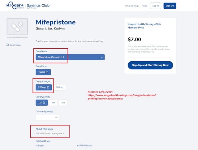 Originally posted photo of Kroger drug price for Mifepristone 200mg, the abortion pill, “used to end a pregnancy” Kroger drug price for Mifepristone the abortion pill to end pregnancy