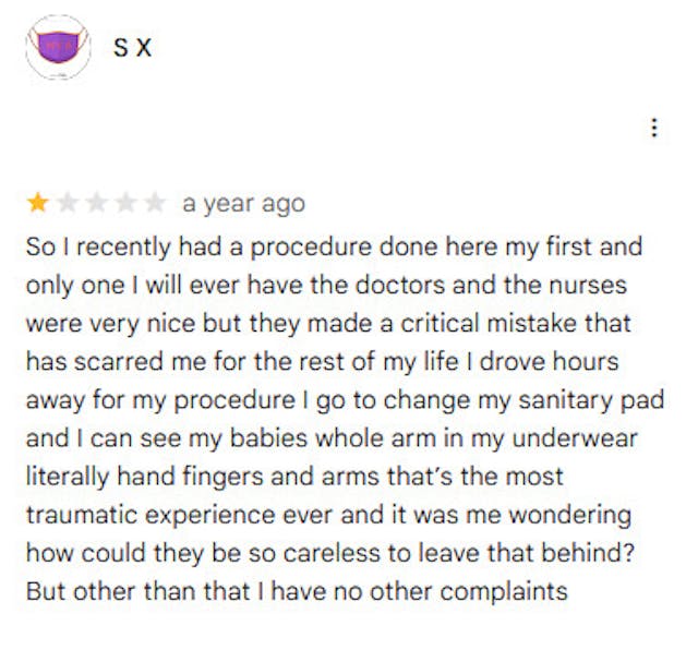 Screenshot, Google Reviews Women’s Google Reviews bare trauma at seeing their aborted babies: ‘You see that whole fetus’ image