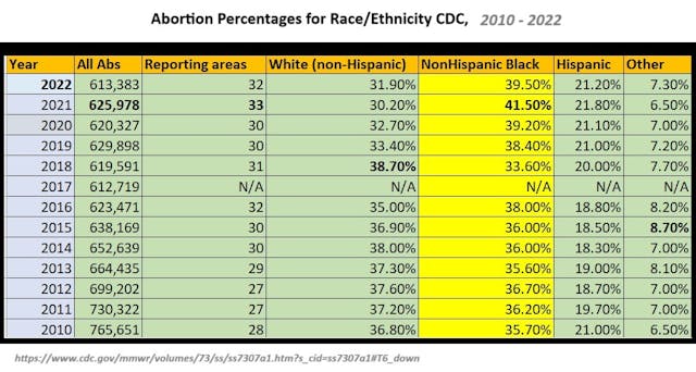 Abortion percentages race ethnicity CDC 2010-2022 Abortion percentages race ethnicity CDC 2010-2022
