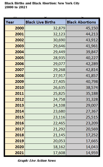 Black births v abortions in New York City 2000 to 2021 Graph Live Action News