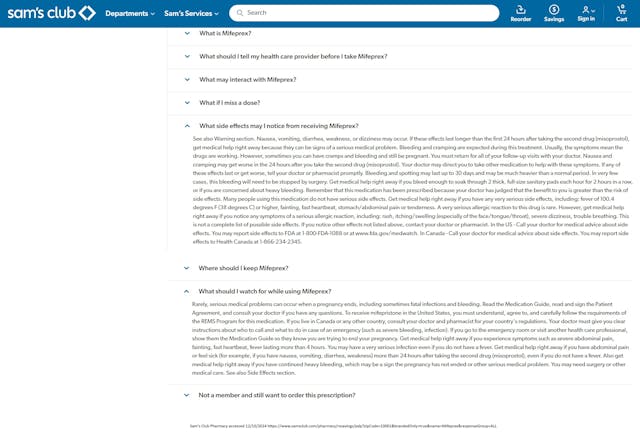 Abortion pill side effects on Sam’s Club Pharmacy website Abortion pill side effects on Sam's Club Pharmacy website