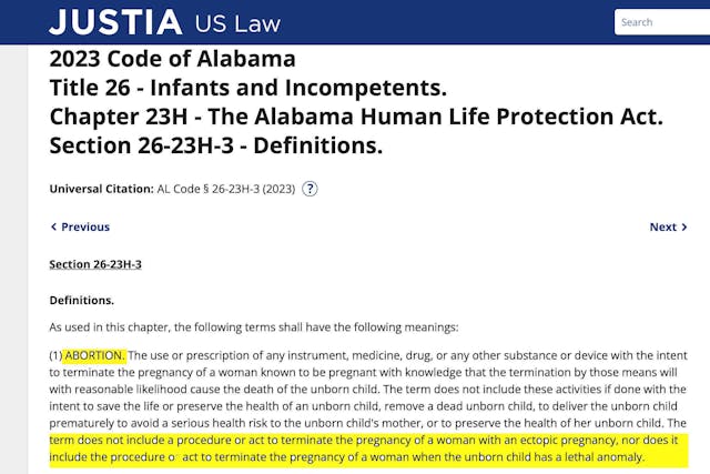 Alabama Human Life Protection Act – Definitions – “Abortion” (Screenshot: law.justia.com) Alabama Human Life Protection Act – Definitions – “Abortion” (Screenshot: law.justia.com)