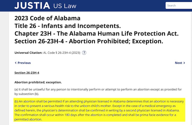 Alabama Human Life Protection Act – Abortion prohibited, exception (Screenshot: law.justia.com) Alabama Human Life Protection Act – Abortion prohibited, exception (Screenshot: law.justia.com)
