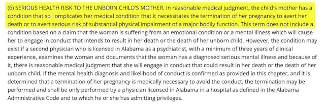 Alabama Human Life Protection Act – Definition: “Serious Health Risk” (Screenshot: law.justia.com) Alabama Human Life Protection Act – Definition: “Serious Health Risk” (Screenshot: law.justia.com)