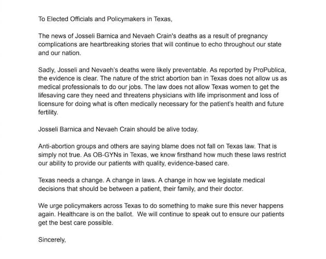 Texas OB/GYN letter text (Screenshot: X) 4 things to know about the letter 111 OB/GYNs wrote to condemn Texas’ pro-life law image