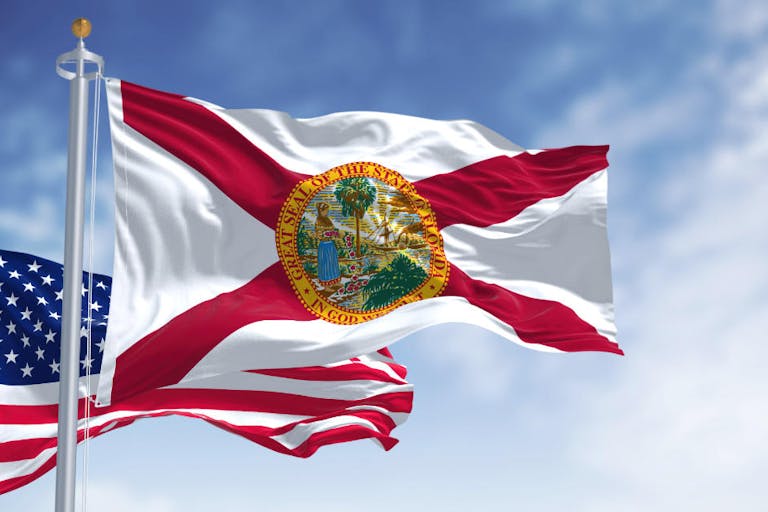 The Florida state flag waving along with the national flag of the United States of America
