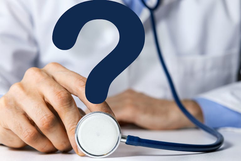 doctor with stethoscope and question mark. medical advice, health care confusion and faq concept