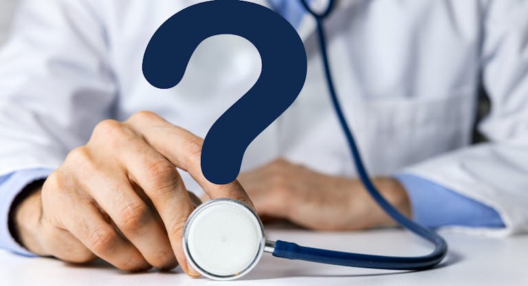 doctor with stethoscope and question mark. medical advice, health care confusion and faq concept