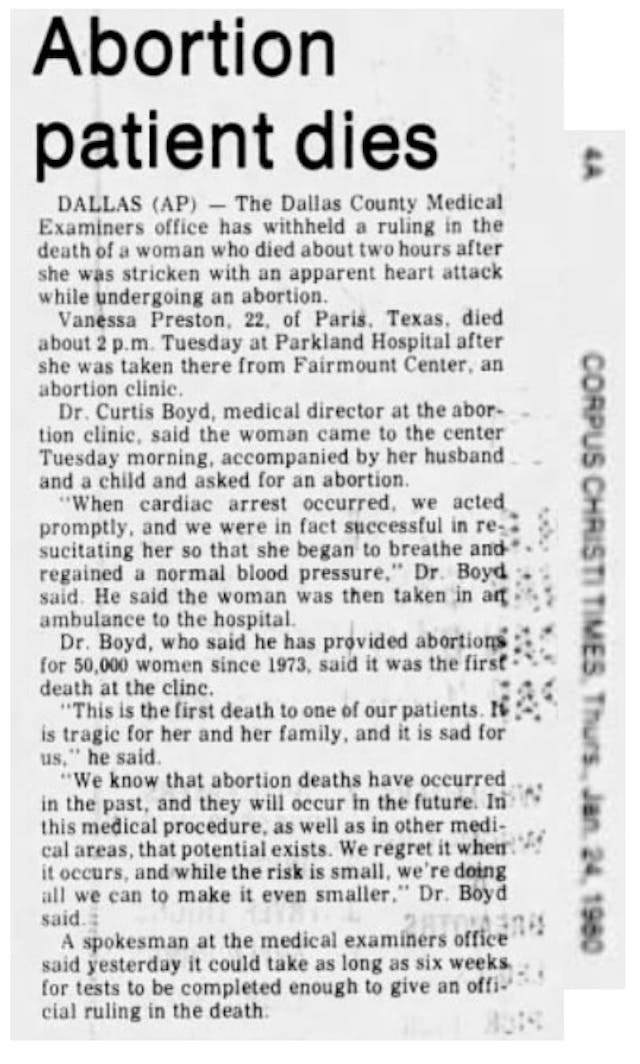 Vanessa Preston died after legal abortion at Curtis Boud clinic in Dallas (Image: Corpus Christi Times 1/24/1980) Vanessa Preston died after legal abortion at Curtis Boud clinic in Dallas (Image: Corpus Christi Times 1/24/1980)