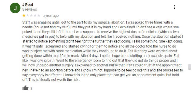 Women leave Google Reviews about ER visits and injuries after visiting Planned Parenthood image